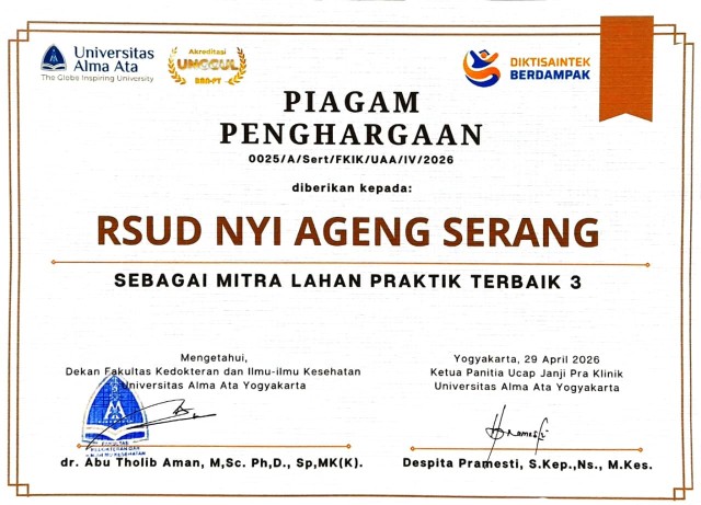 PIAGAM PENGHARGAAN SEBAGAI MITRA LAHAN PRAKTIK TERBAIK 3 RSUD NYI AGENG SERANG